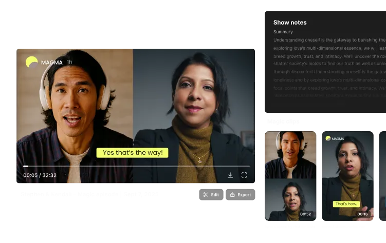 Video call interface showing two people and side panel with notes and magic clip thumbnails.
